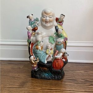 Large Chinese Famille Rose Laughing Buddha with 9 Kids